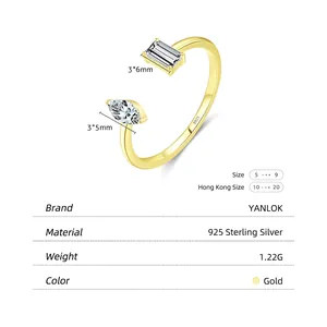 S925 sterling silver gold open ring with geometric rectangle and marquise zircons