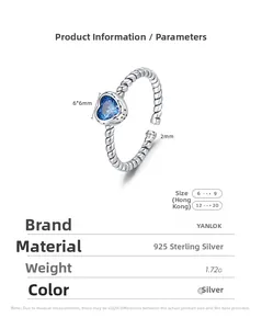 Macro detail of S925 sterling silver twist ring with a 6mm heart-shaped blue zircon stone