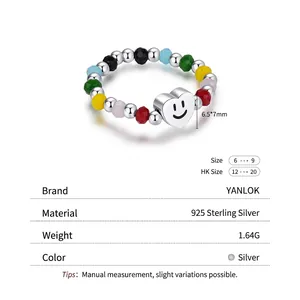 Bague en perles colorées en argent S925 avec pendentif cœur et motif de visage souriant