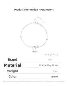 Détail du bracelet double couche en argent sterling S925 avec breloques cœur polies