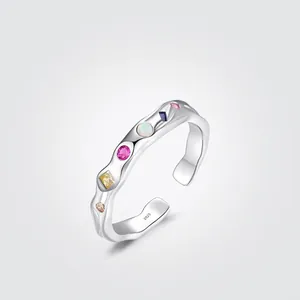 925 Sterlingsilber Unregelmäßiger Welle Offener Ring Für Damen Bunter Zirkonia Eingelegter Verstellbarer Fingerring Schmuck