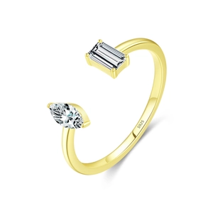 Minimalist S925 silver open ring in gold finish with geometric double zircon stones