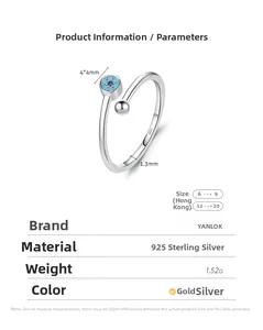 Macro detail of S925 sterling silver evil eye ring with product dimensions and specs