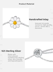 Detailed macro view of S925 sterling silver daisy bracelet with yellow zircon inlay
