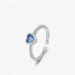 Vintage S925 Sterling Silver Heart Blue Zirconia Adjustable Ring Twisted Band Elegant Daily Jewelry Accessories For Women
