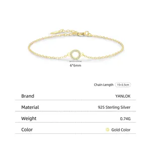 Elegant 925 sterling silver hollow ring bracelet with micro-pave gold finish adjustable chain