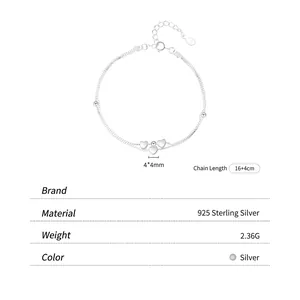 Bracelet minimaliste en argent sterling 925 avec pendentifs en cœur et perles
