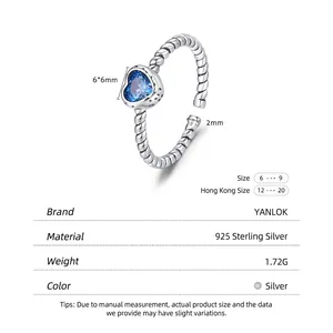 S925 sterling silver twist ring featuring a 6x6mm heart-shaped blue zircon gemstone
