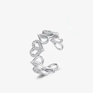 Bague Ouverte en Argent Sterling S925 avec Cœur Creux pour Femmes Bijou Réglable avec Zirconia Incrusté en Forme de Cœur