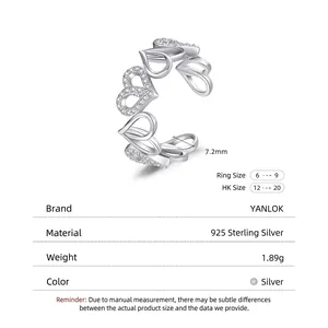 Bague ouverte élégante en argent sterling 925 avec cœurs évidés et pavé de zircones