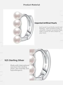 Détail de créoles en argent sterling 925 avec une rangée de quatre perles blanches fines