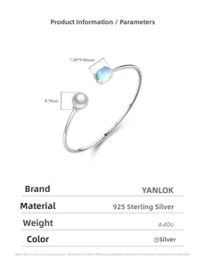 Detailed macro view of S925 sterling silver open bracelet with pearl and gemstone