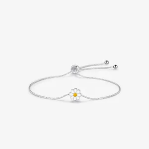 S925 Sterling Silver Daisy Adjustable Bracelet For Women White Enamel Flower Minimalist Korean Style Fashion Jewelry Gift