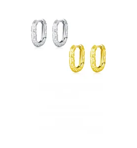 Detail view of S925 sterling silver hoop earrings with irregular hammered texture finish