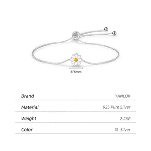 Elegant 925 sterling silver enamel daisy bracelet with adjustable pull-chain and beads