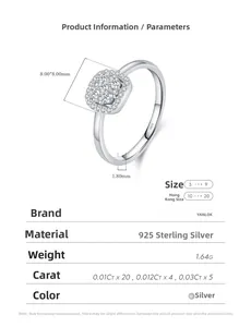 Schéma technique de la bague en argent S925 montrant le serti 8x8mm et les dimensions