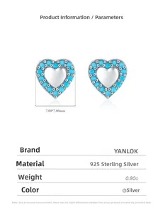 Detailed specs of S925 sterling silver heart studs with turquoise stones and size measurements