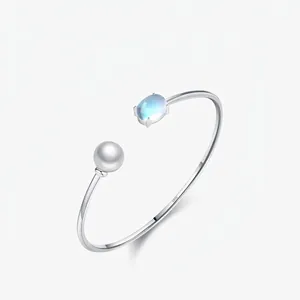 925 Sterling Silver Open Cuff Bangle With Artificial Pearl And Oval Moonstone Elegant French Style Adjustable Bracelet For Women Jewelry
