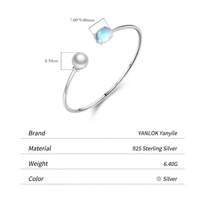 Elegant S925 sterling silver open bangle with white pearl and oval moonstone inlay