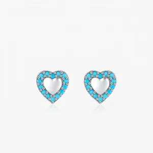 Vintage 925 Sterling Silver Turquoise Heart Stud Earrings For Women Exquisite Small Polished Heart Shape Jewelry Accessory