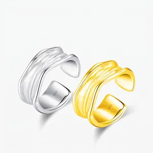 925 Sterling Silver Irregular Wave Texture Open Adjustable Ring For Women Molten Metal Style Minimalist Finger Ring Jewelry Gift