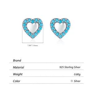 S925 sterling silver heart earrings with blue turquoise inlay and size specifications