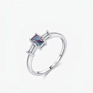 S925 Sterling Silver Ring For Women Square Multicolor Zirconia Inlaid Three Stone Geometric Light Luxury Band Ring Jewelry Gift