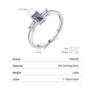 Sparkling S925 sterling silver ring with rectangular colorful crystal and side stones