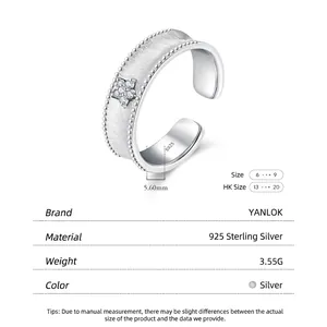 Matte S925 sterling silver wide ring with flower zircon design and open band adjustment