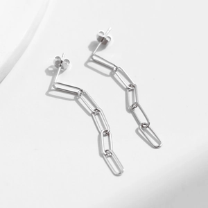 Minimalist S925 sterling silver interlocking chain drop earrings on a white background