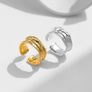 Minimalist irregular texture open wide rings in gold and silver finish with organic wave pattern