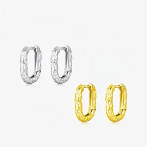 925 Sterling Silver Hammered Texture Hoop Earrings For Women Oval Minimalist Geometric Elegant Versatile Fashion Jewelry Daily Wear