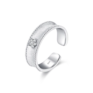 Matte S925 sterling silver wide open ring with sparkling flower and beaded edge