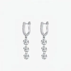 925 Sterling Silver Triple Round Zirconia Drop Earrings Vertical Geometric Dangle Ear Jewelry For Women Korean Style