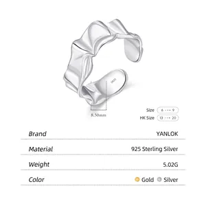 Irregular pleated texture S925 sterling silver open ring with 8.5mm wide band