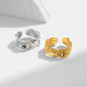 Adjustable S925 sterling silver open rings with unique irregular wrinkled texture finish