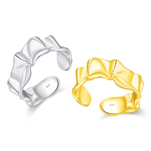 Irregular pleated texture S925 sterling silver open rings in silver and gold finishes