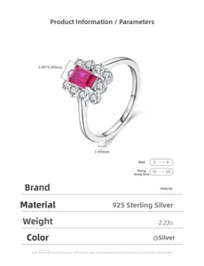 Detailed view of S925 sterling silver ring with rectangular red stone and small diamonds