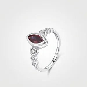 925 Sterling Silver Marquise Cut Red Zirconia Ring French Vintage Geometric Elegant High End Wedding Jewelry For Women