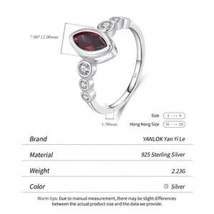 S925 sterling silver ring with marquise red ruby and side diamonds, 7x12mm stone size