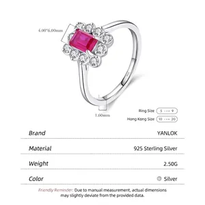 Classic S925 sterling silver ring with a rectangular red gemstone and zircon accents