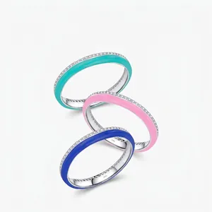 Minimalist 925 Sterling Silver Colorful Enamel Ring For Women Drip Glue Zirconia Pave Stackable Geometric Band Jewelry Gift