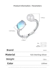 Detailed view of S925 sterling silver ring with 6mm pearl and 6x8mm oval blue gemstone
