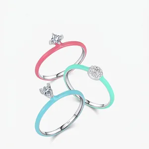 S925 Sterling Silver Colorful Enamel Ring For Women Sweet Water Drop Rhinestone Inlaid Stackable Finger Ring Jewelry Gift