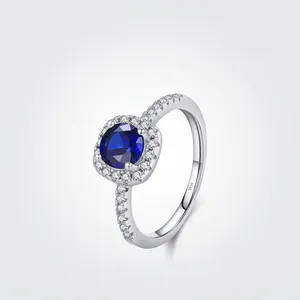 Luxury 925 Sterling Silver Deep Blue Zirconia Ring For Women Vintage Elegant Geometric Halo Inlaid Wedding Engagement Jewelry Gift