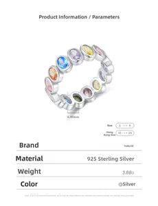 Détail d'une bague en argent S925 avec zircons multicolores et dimensions du produit