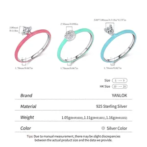 Three colorful enamel S925 sterling silver rings with teardrop and square cut stones