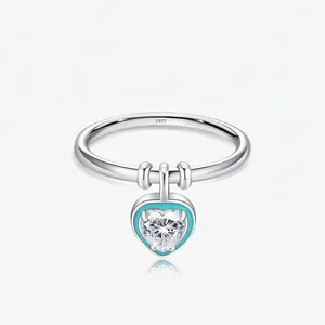 925 Sterling Silver Mint Green Enamel Heart Pendant Ring Heart Shaped Zirconia Fashion Ring For Women Fine Jewelry Gift