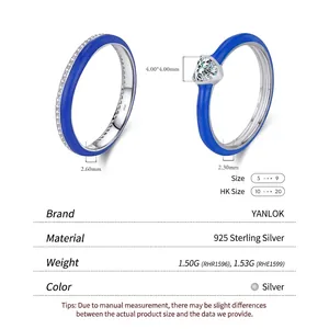 S925 sterling silver heart ring and zircon band with blue enamel finish for women