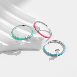 Three-piece S925 silver rings set with colorful enamel and teardrop zircon accents